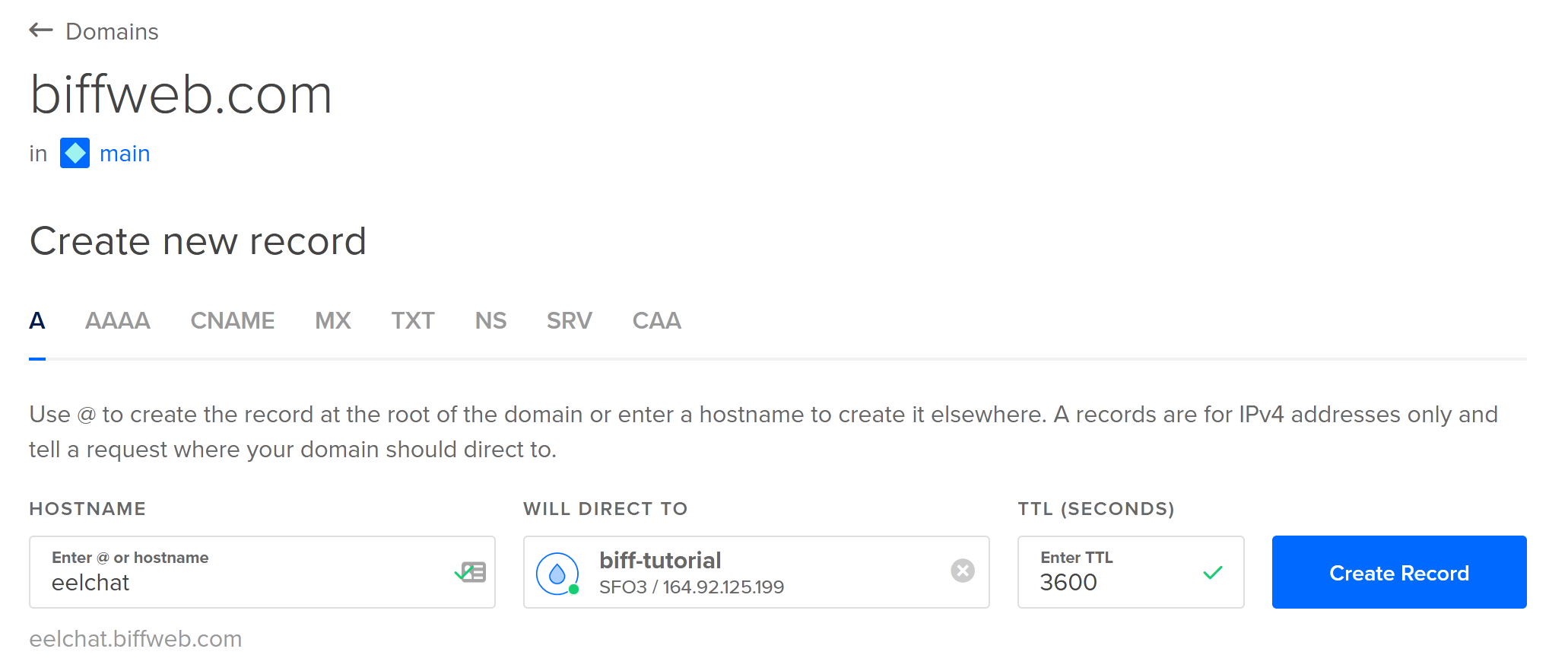 Screenshot of creating a DNS record on Digital Ocean
